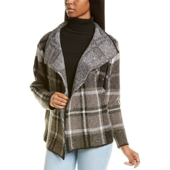Joseph A Grey Drape Open Front Plaid Cardigan Jacket - Picture 1 of 2
